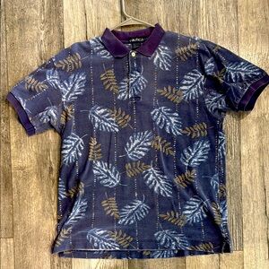 Vintage Nautica Blue and Purple Polo Shirt with Leaf Print